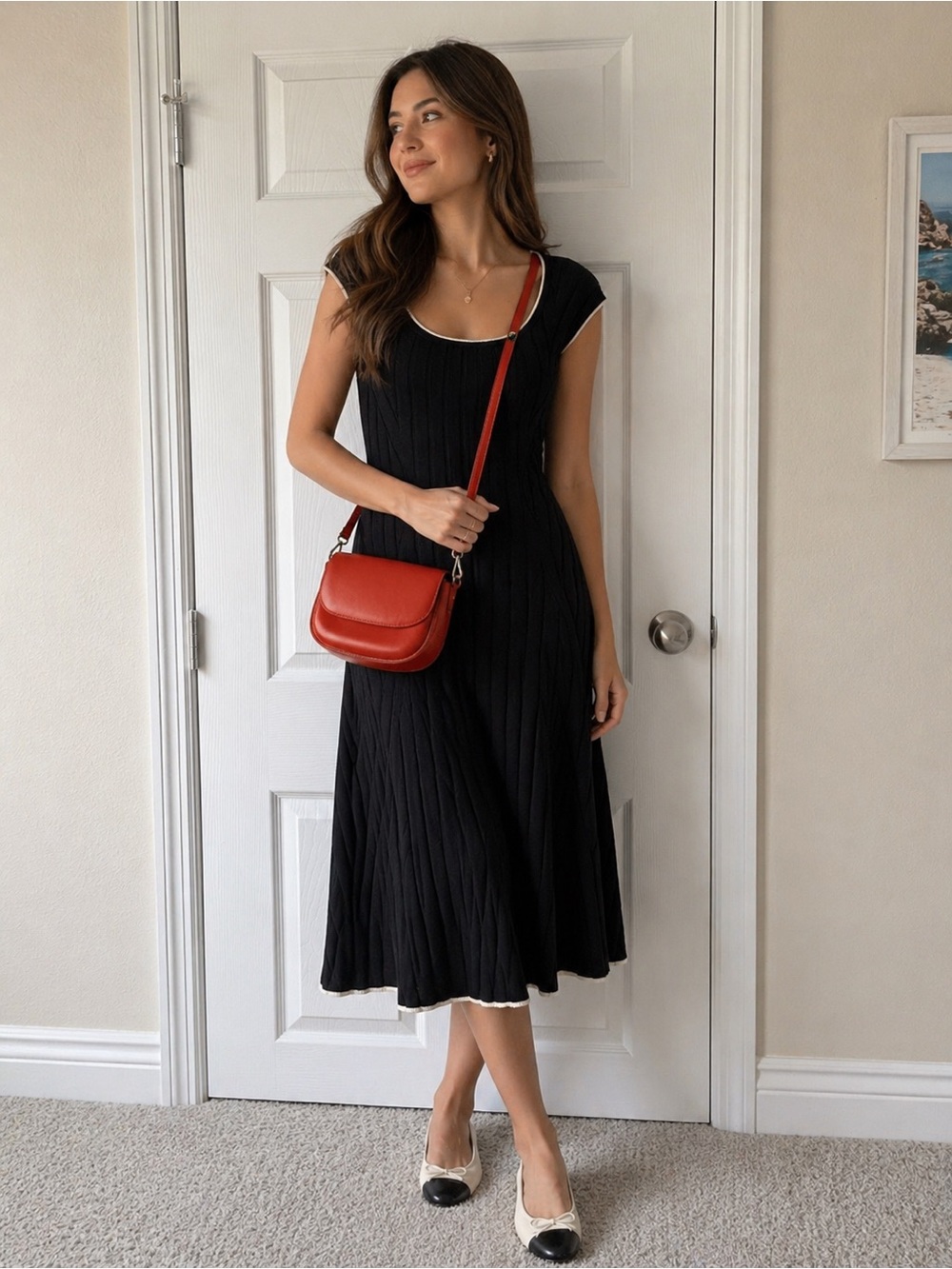 WHBM Black Sleeveless Ribbed Cap-Sleeve Sweater Dress with White Piping Small